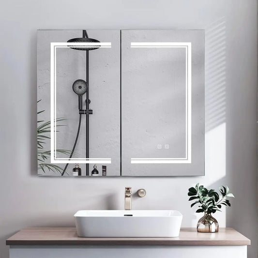 2-Door 32x28 LED-Illuminated Wall-Mounted Bathroom Cabinet with 3-Tier Storage, USB Charging, White