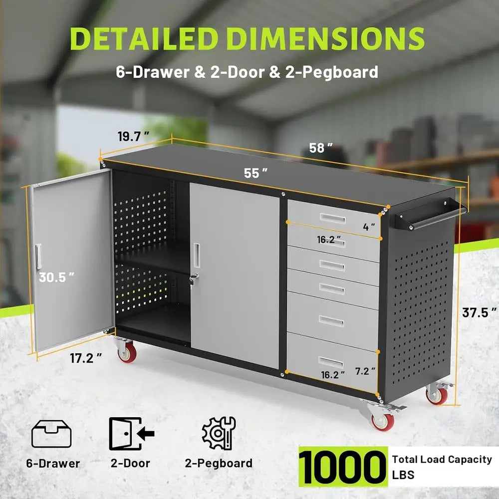 Heavy-Duty 55W Rolling Workbench with 1000 lbs Capacity, Lockable Storage Cabinet, Adjustable Shelves, and Pegboard for Garage/R