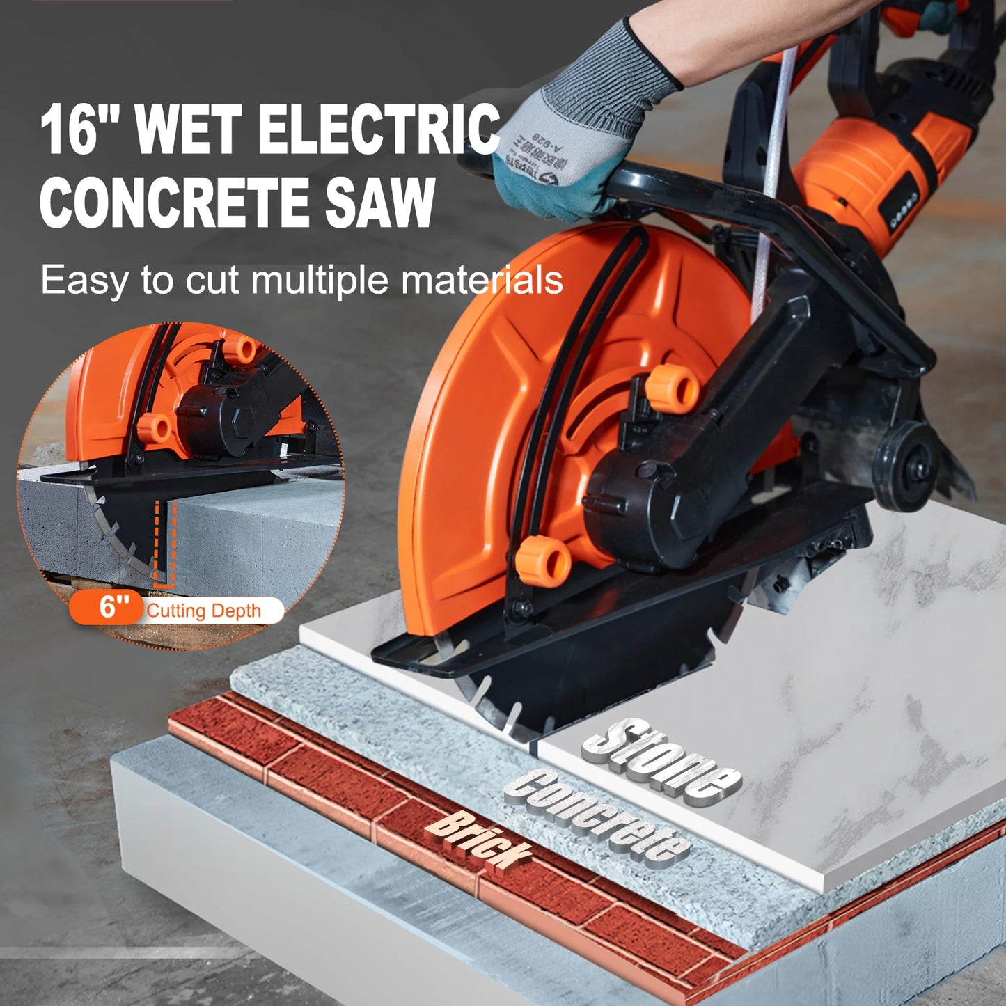 Electric Concrete Saw 16 in 3200 W 15 A Motor Circular Saw Cutter with Max. 6 in Adjustable Cutting Depth Wet Disk Saw
