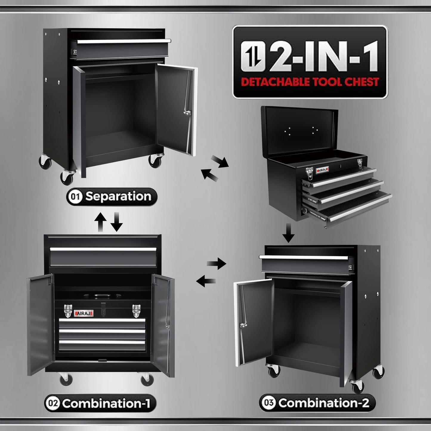 Double door four drawer rolling tool chest, lockable detachable top large tool cabinet, padded metal toolbox
