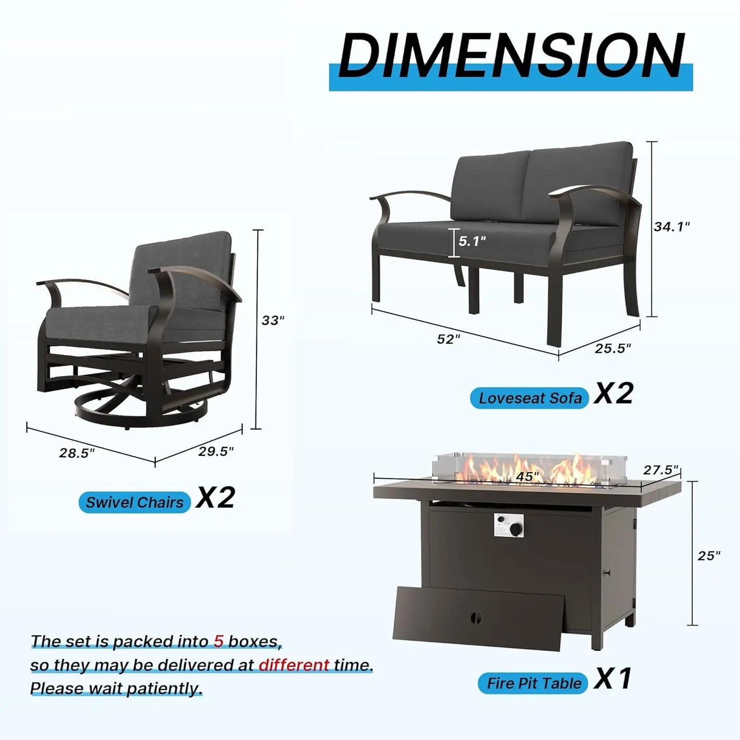 Aluminum Patio Furniture Set with Fire Pit Table, Metal Patio Furniture with 2 Swivel Rocking Chairs Waterproof, Customized