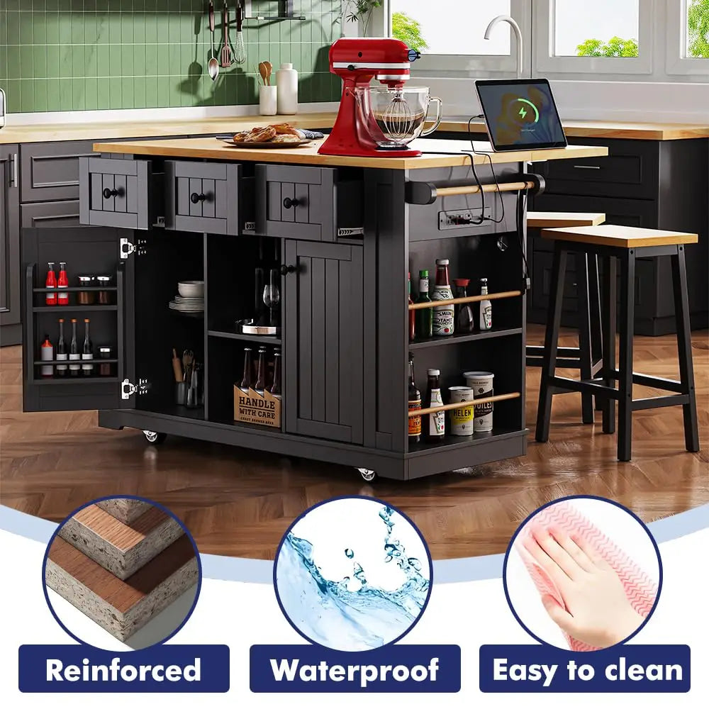 Mobile Rolling Kitchen Island Drop Leaf Storage Cabinets Power Outlet Seating 2 Bar Stools Large Table, Customized