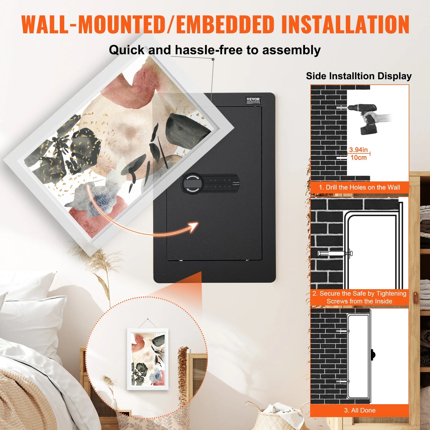 SucceBuy Tall Wall Safe 3/4-Tier Hidden Wall Safe w/ Keypad Q235 Cold-Rolled Steel In Wall Safe for Money Jewelry Passport Home