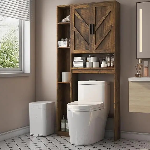 Over The Toilet Storage Cabinet with 7 Storage Shelves, Above Toilet Bathroom Organizer with Toilet Paper Holder Stand, Behind T