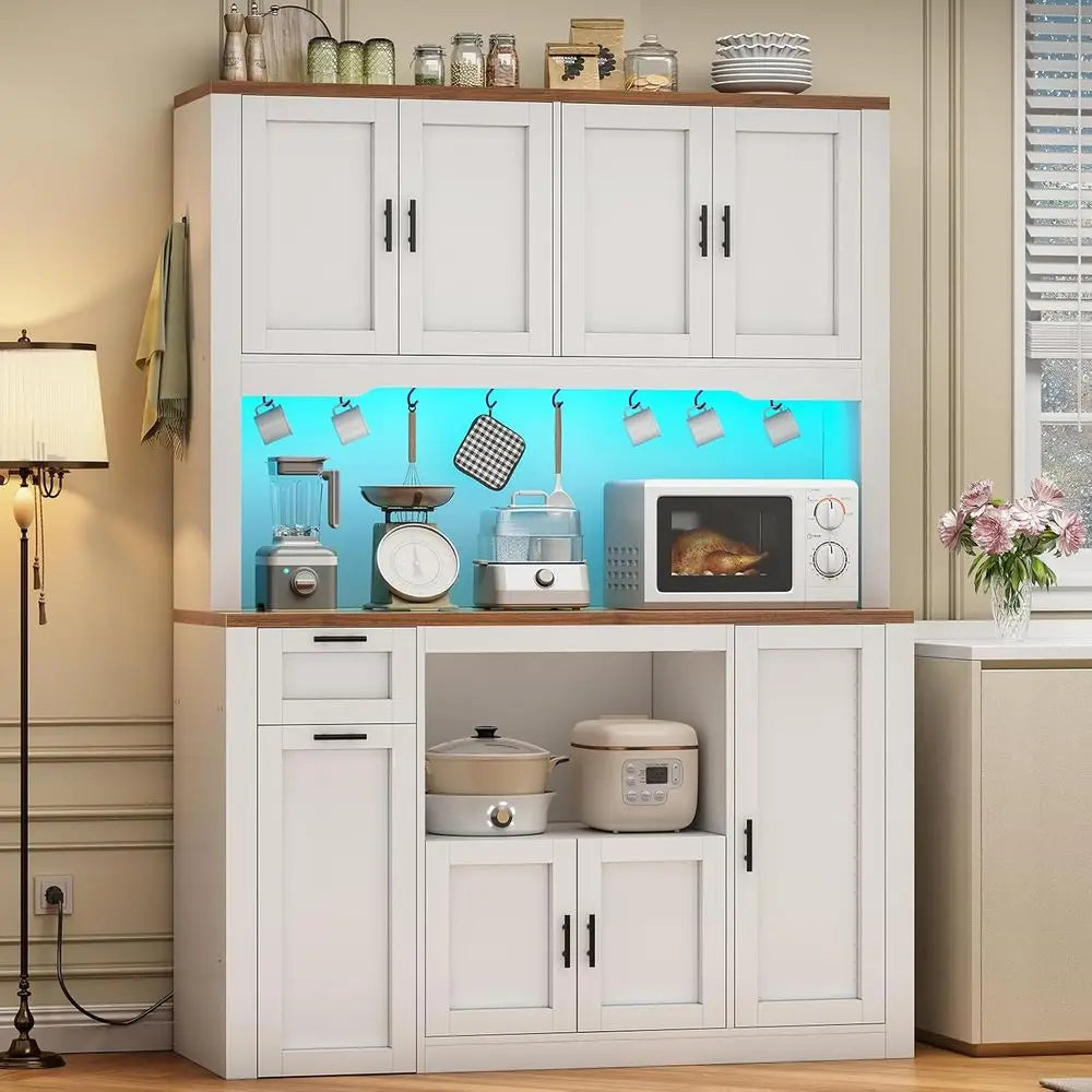71 Inch Pantry Cabinet with Charging Station, LED Light, and Microwave Stand, 47.2 Wide Storage Cabinet with 3-Tier Cart for Kit