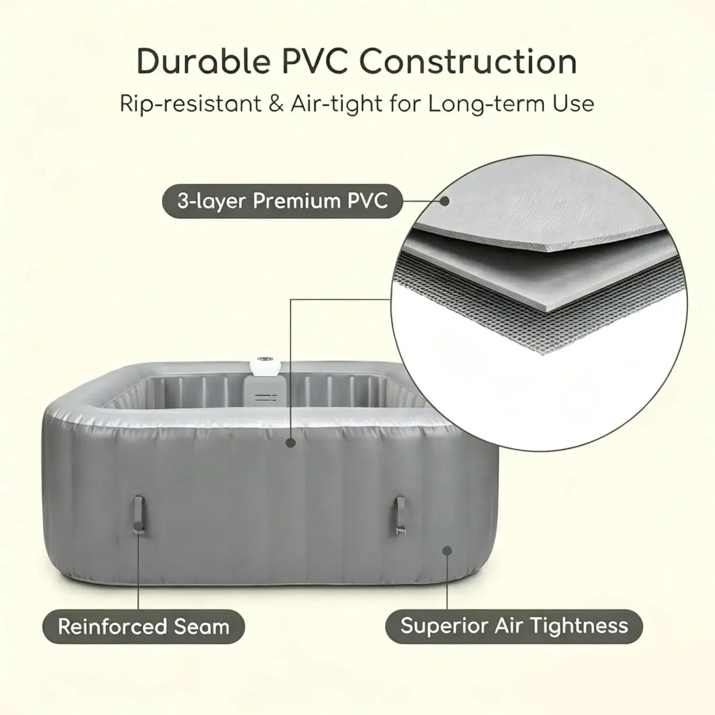 Inflatable Hot Tub 4 6 Person Square Portable Spa 130 Bubble Jets Built in Heater Pump 72 8 x 72 8 x 25 6 Durable 3 Layer PVC