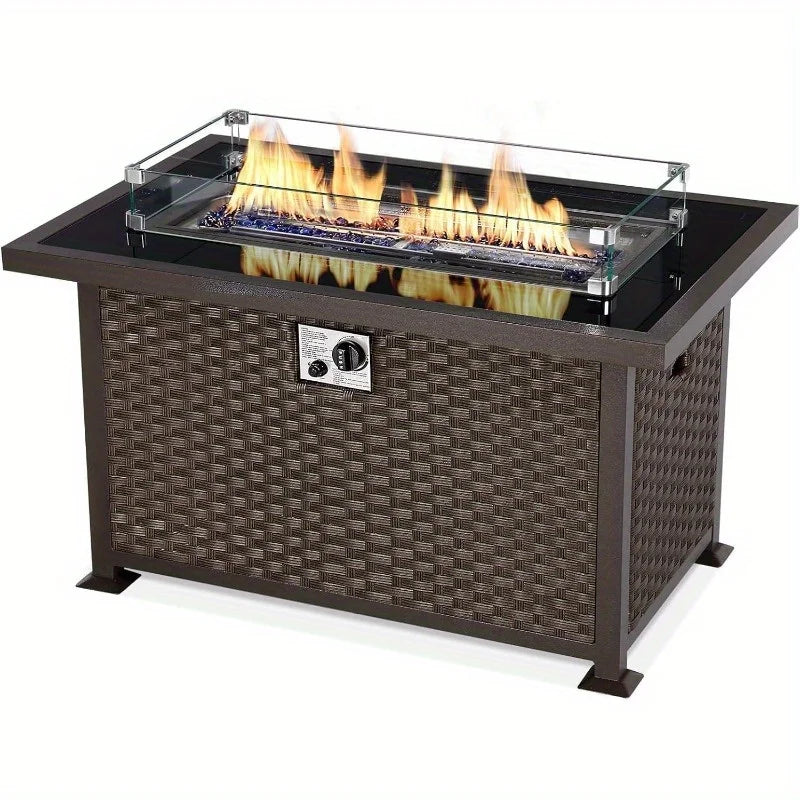 EROMMY 44in Outdoor Propane Gas Fire Pit Table - 50, 000 BTU Auto-Ignition, Glass Wind Guard, Brown PE Rattan