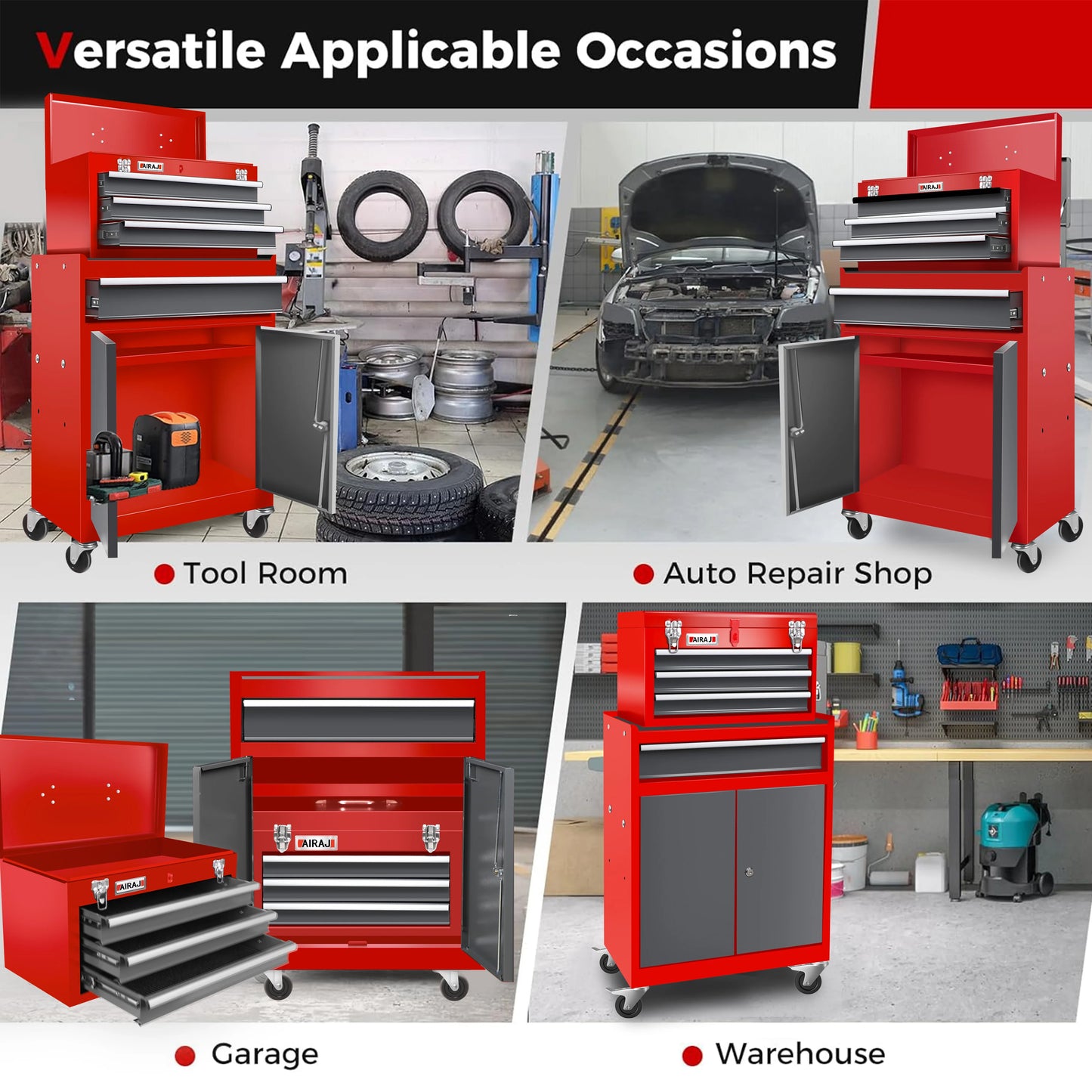 Double door four drawer rolling tool chest, lockable detachable top large tool cabinet, padded metal toolbox