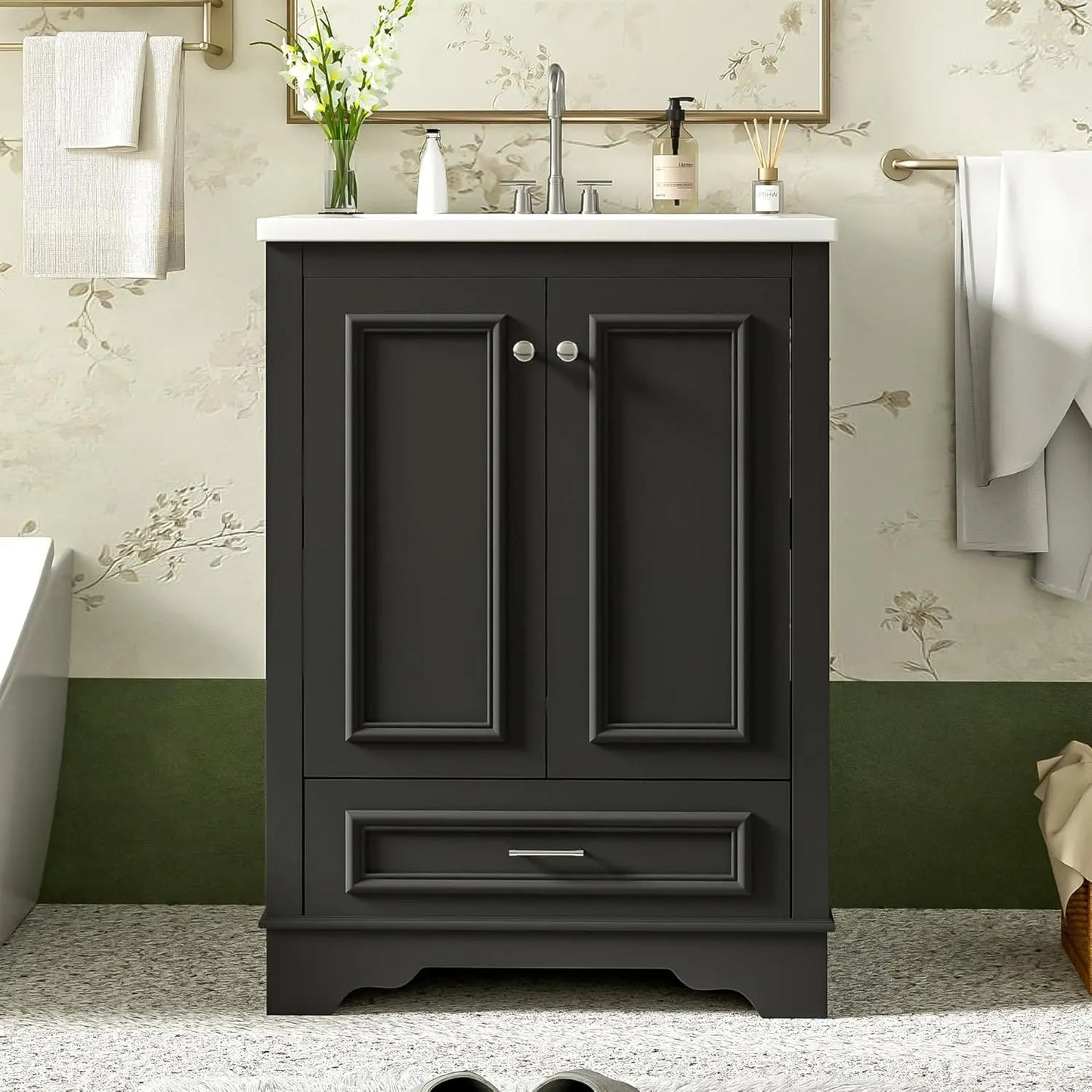 24in Wood Bathroom Vanity Cabinet with Ceramic Sink Adjustable Shelf Drawer, Customized