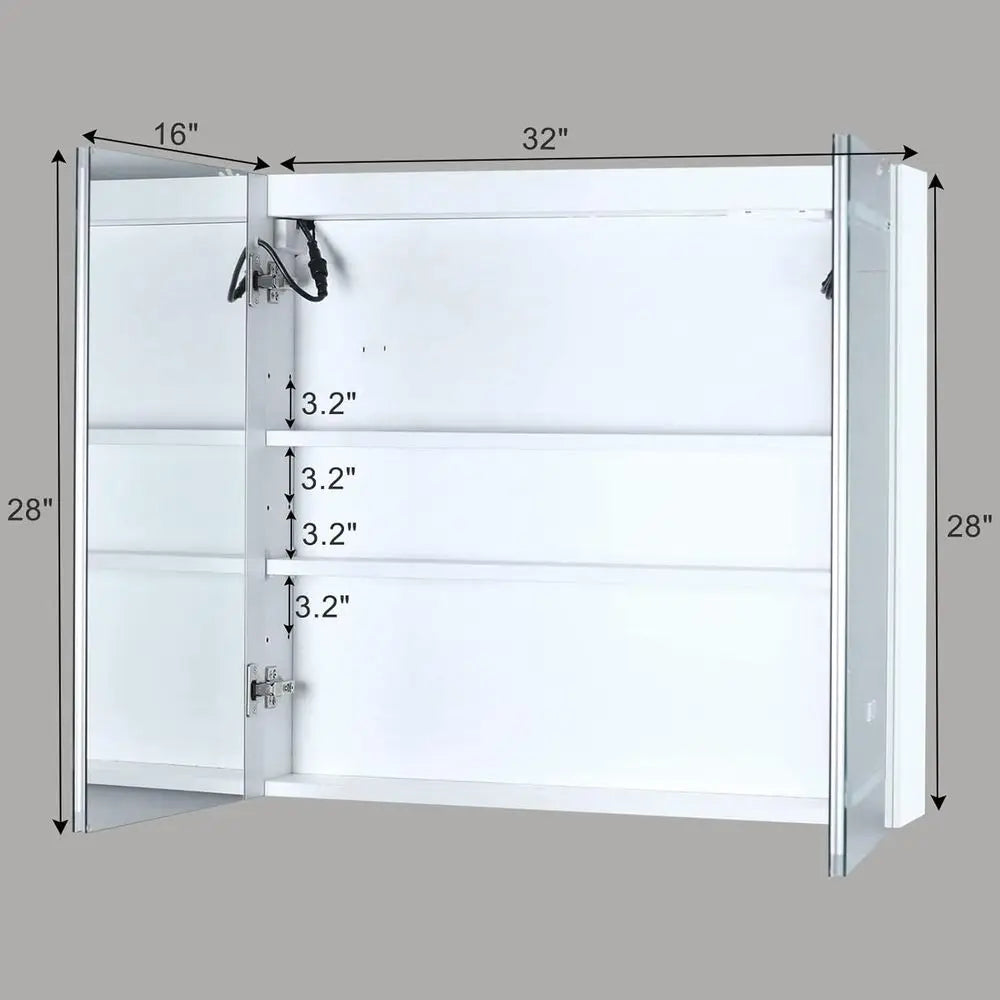 2-Door 32x28 LED-Illuminated Wall-Mounted Bathroom Cabinet with 3-Tier Storage, USB Charging, White