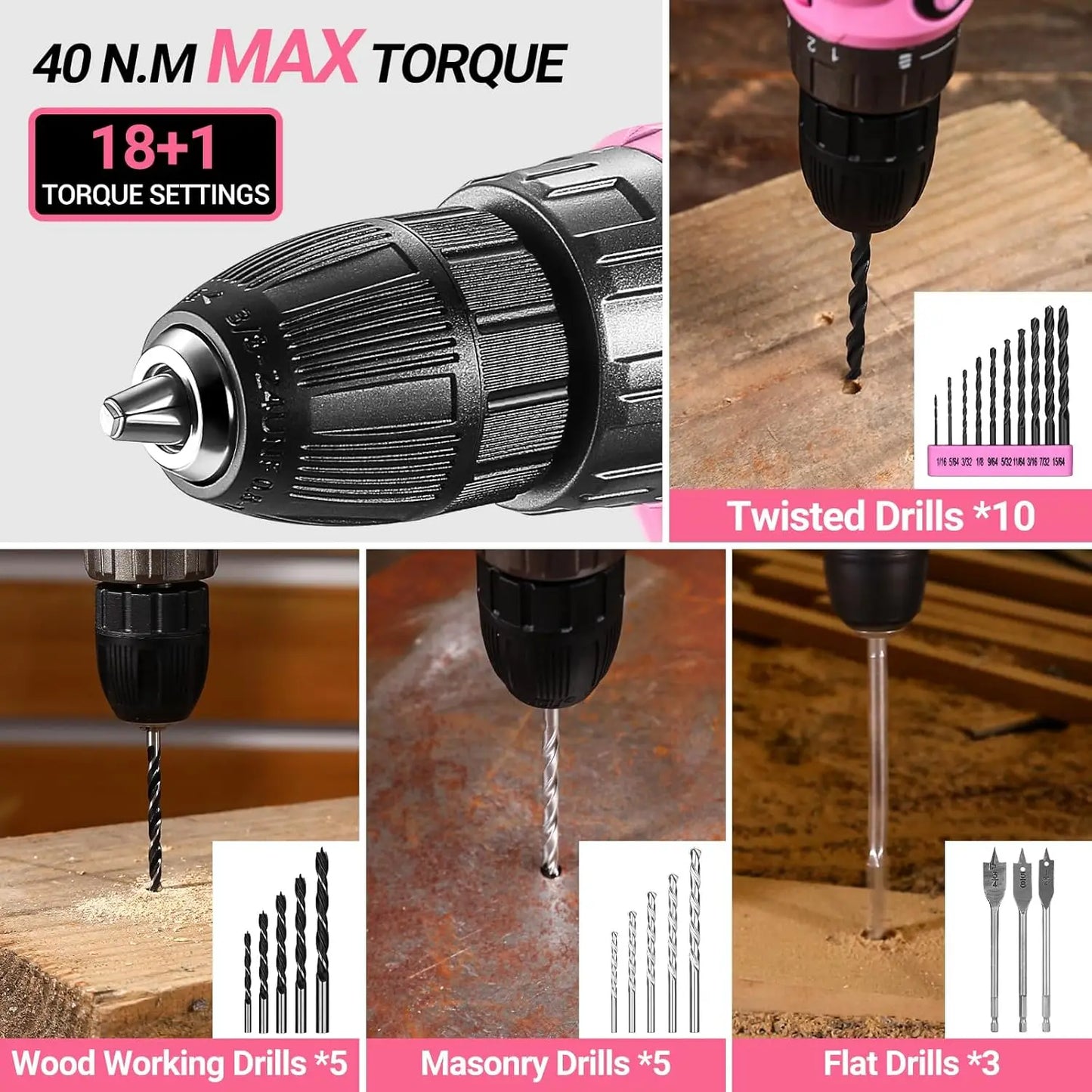 Pink Drill Tool Kit Set: 20V Cordless Power Drill Tool Box with Battery Electric Drill Driver