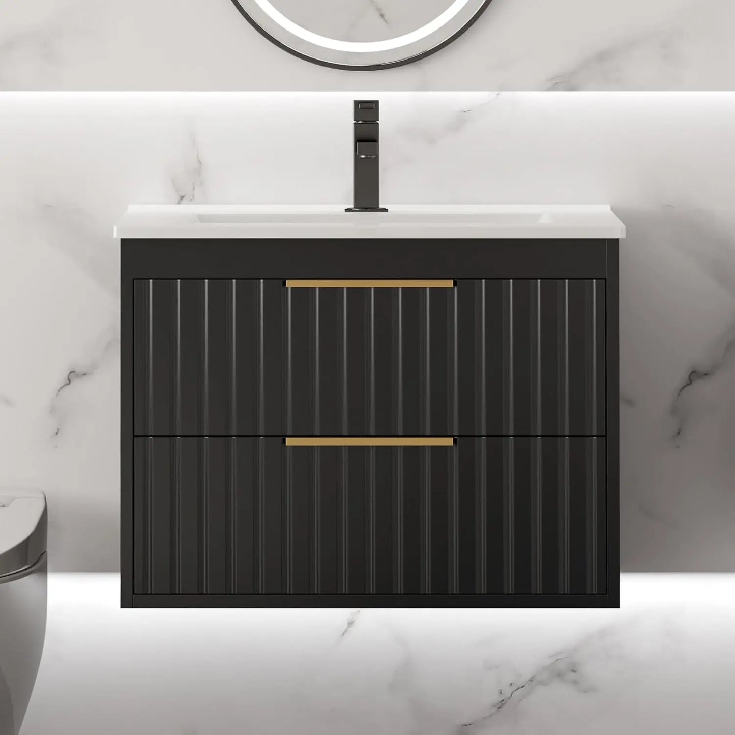 24'' Floating Bathroom Vanity Cabinet Sink Combo 2 Big Drawers Metal Handles Black, Customized