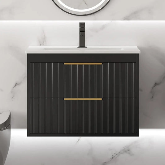 24'' Floating Bathroom Vanity Cabinet Sink Combo 2 Big Drawers Metal Handles Black, Customized
