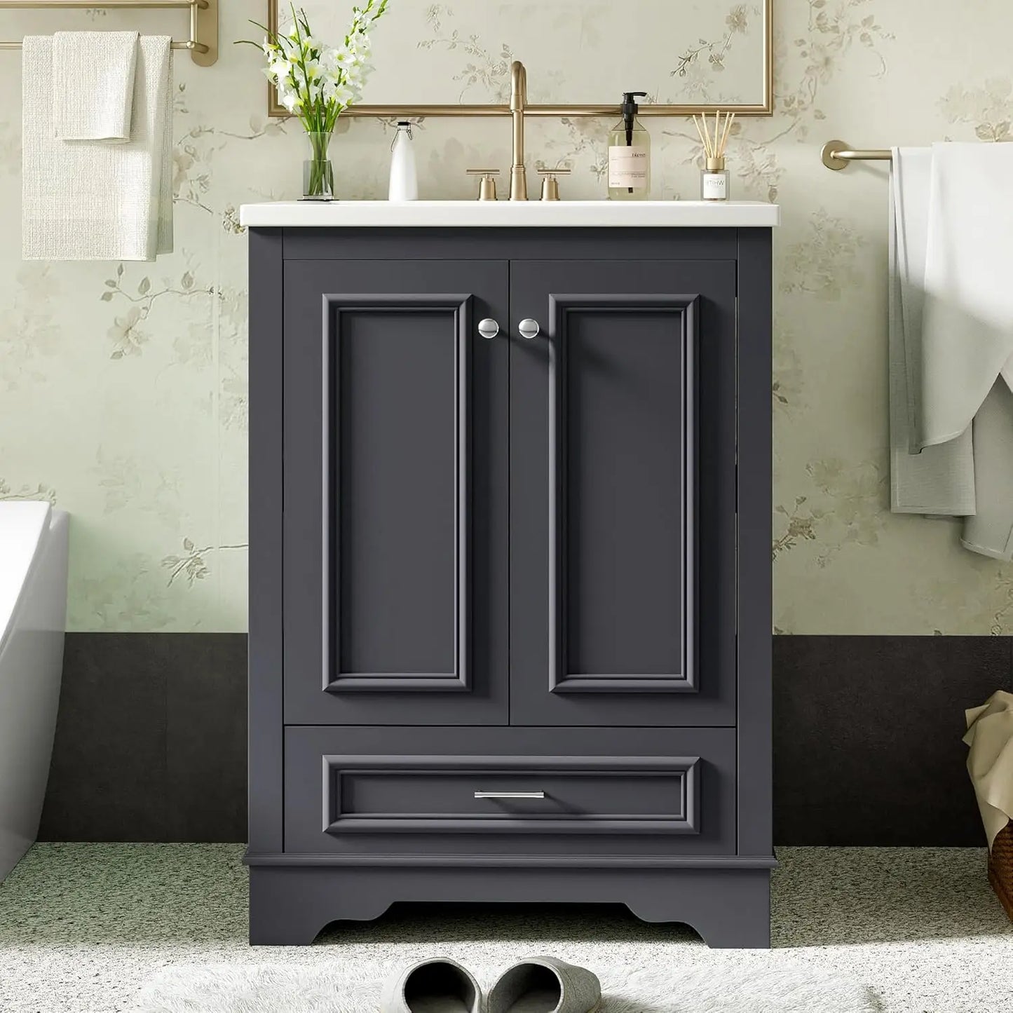 24in Wood Bathroom Vanity Cabinet with Ceramic Sink Adjustable Shelf Drawer, Customized