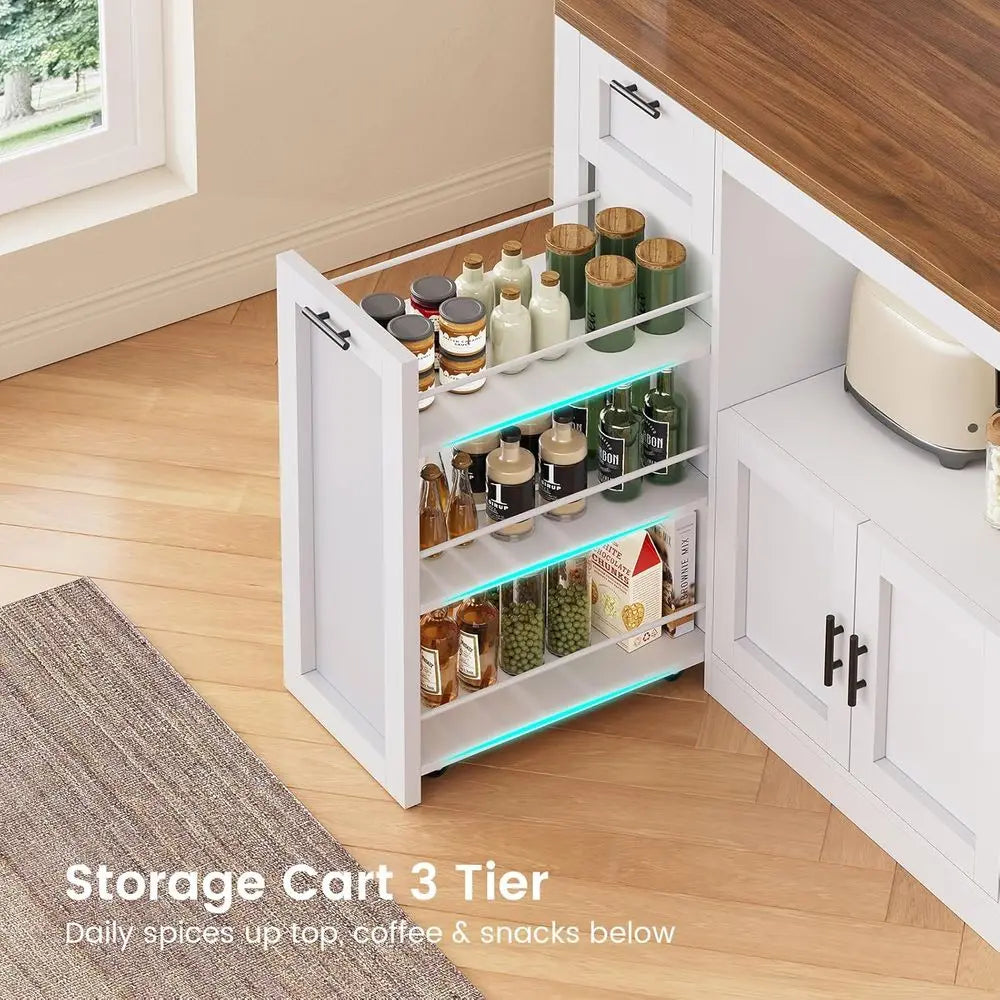 71 Inch Pantry Cabinet with Charging Station, LED Light, and Microwave Stand, 47.2 Wide Storage Cabinet with 3-Tier Cart for Kit