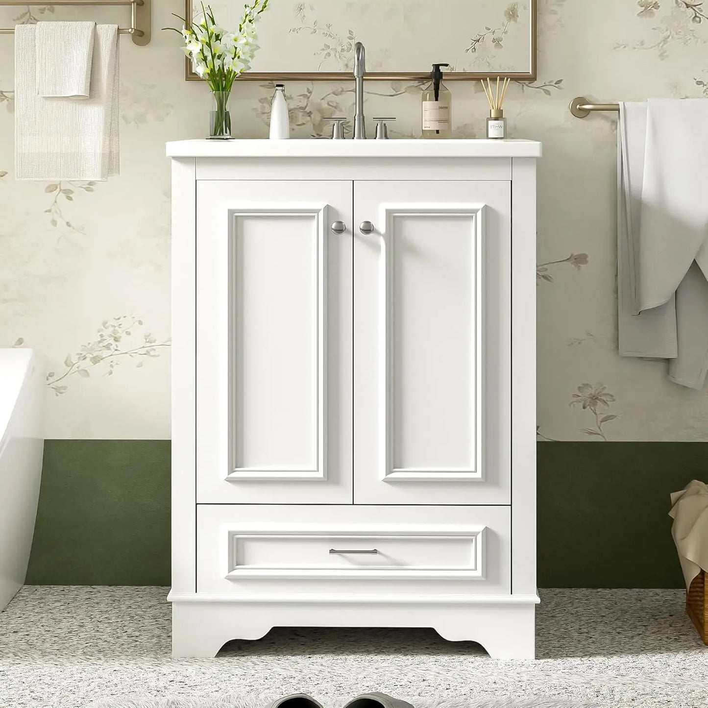 24in Wood Bathroom Vanity Cabinet with Ceramic Sink Adjustable Shelf Drawer, Customized