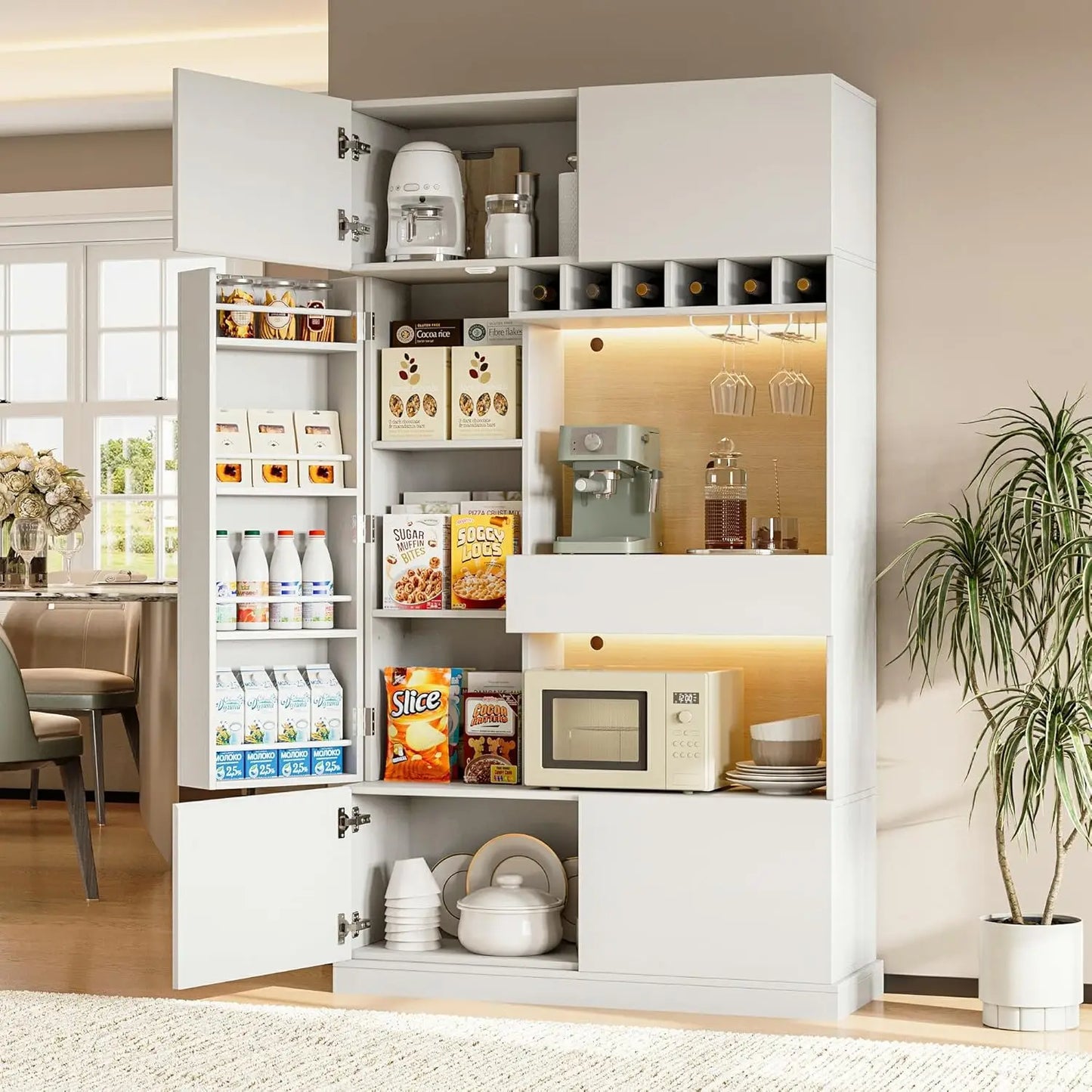 69 Tall Pantry Cabinet LED Light Microwave Stand Wine Rack Door Shelf Adjustable Drawer Charging Station White Custom