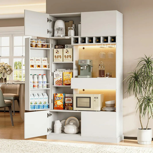 69 Tall Pantry Cabinet LED Light Microwave Stand Wine Rack Door Shelf Adjustable Drawer Charging Station White Custom