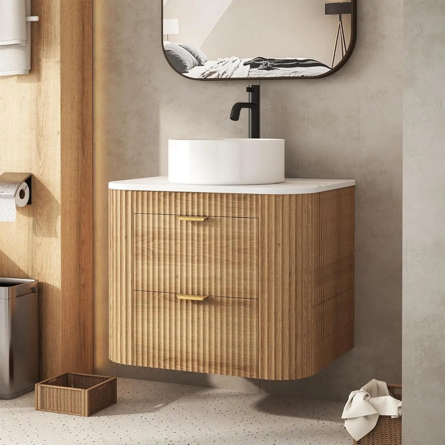 24" Floating Bathroom Vanity Ceramic Sink Combo Fluted 2 Storage Drawers Wall Mounted Natural Wood Grain, Customized