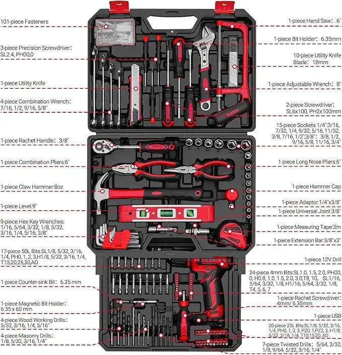 Home Mechanic Toolbox with 12V Power Cordless Drill Hand Repair Tools Sets Combo Kits Storage Organizer Drawer Case