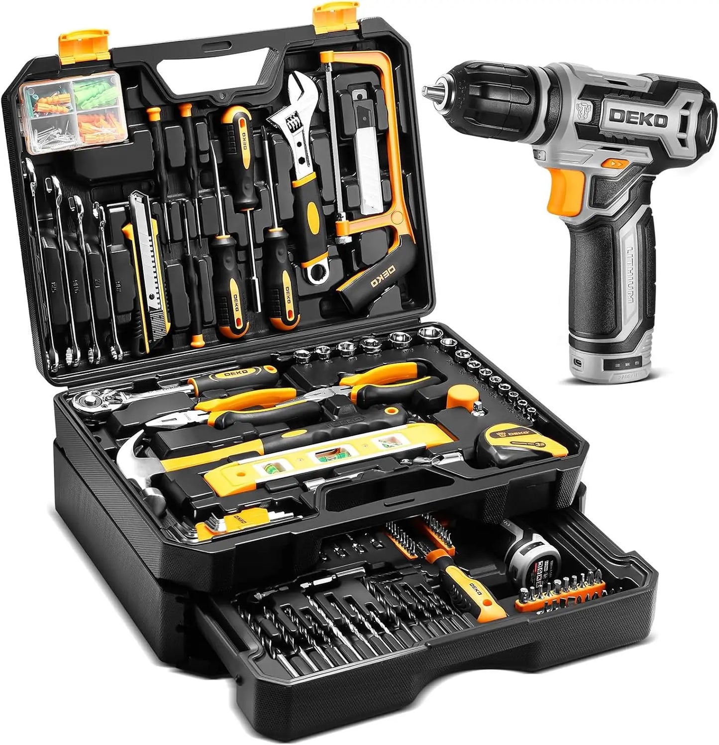 Home Mechanic Toolbox with 12V Power Cordless Drill Hand Repair Tools Sets Combo Kits Storage Organizer Drawer Case