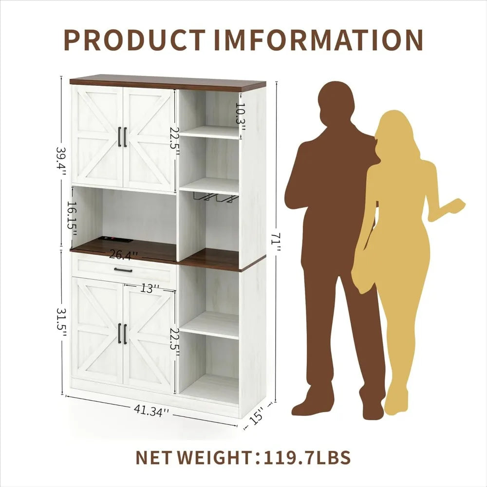 71 Farmhouse Kitchen Pantry Cabinet with Hutch & Charging Station - 41.34 Wide Storage with Microwave Stand, Door Spice Racks fo