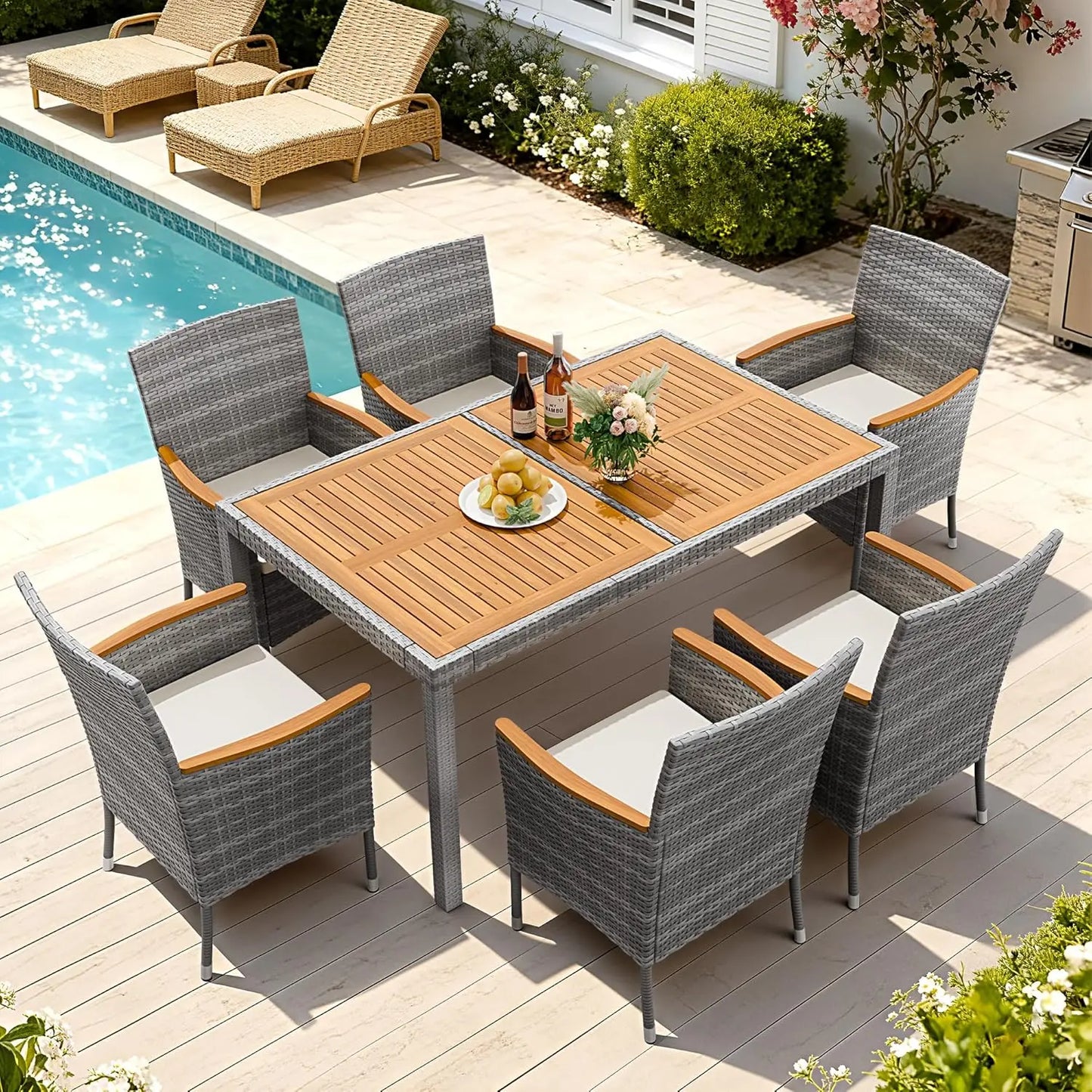 Dining 7 PCS Furniture, Patio Conversation Set with Acacia Wood Table Top, Outdoor, Beige Cushion and Black Rattan, Customized