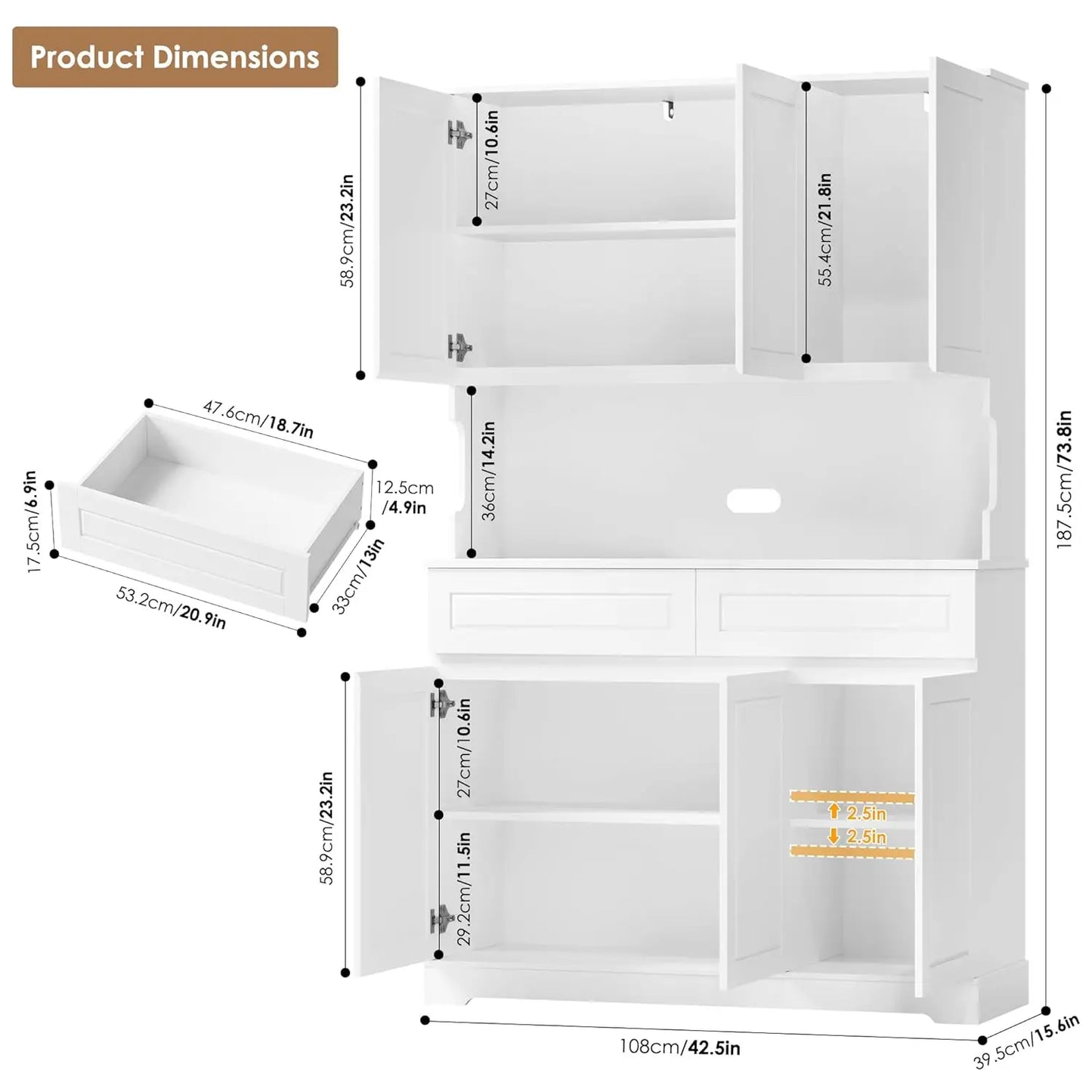 74" Pantry Cabinet, Tall Kitchen Pantry Cabinet with 6 Doors and 2 Drawers, Kitchen Hutch with Wide Countertop, Modern, Custom