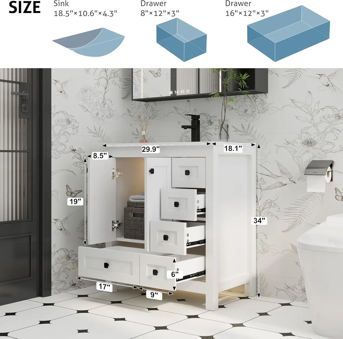 30" Bathroom Vanities with Sink Combo, Modern Thickened Wood Bathroom Storage Cabinet W/Undermount Sink,Matte Black Faucet Drain