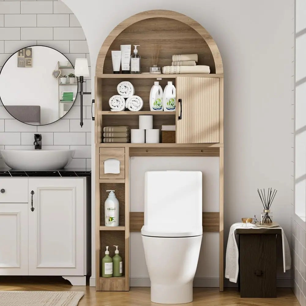 Space-Saving Wooden Over-the-Toilet Storage Cabinet with Shelving and Anti-Tip Feature