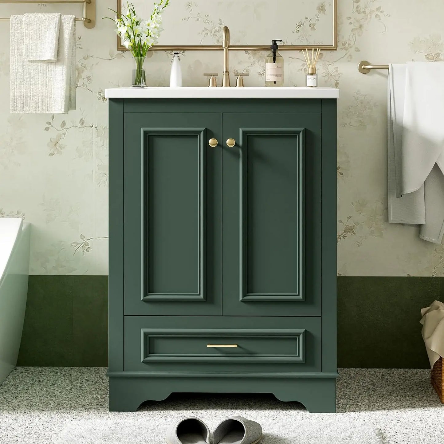 24in Wood Bathroom Vanity Cabinet with Ceramic Sink Adjustable Shelf Drawer, Customized