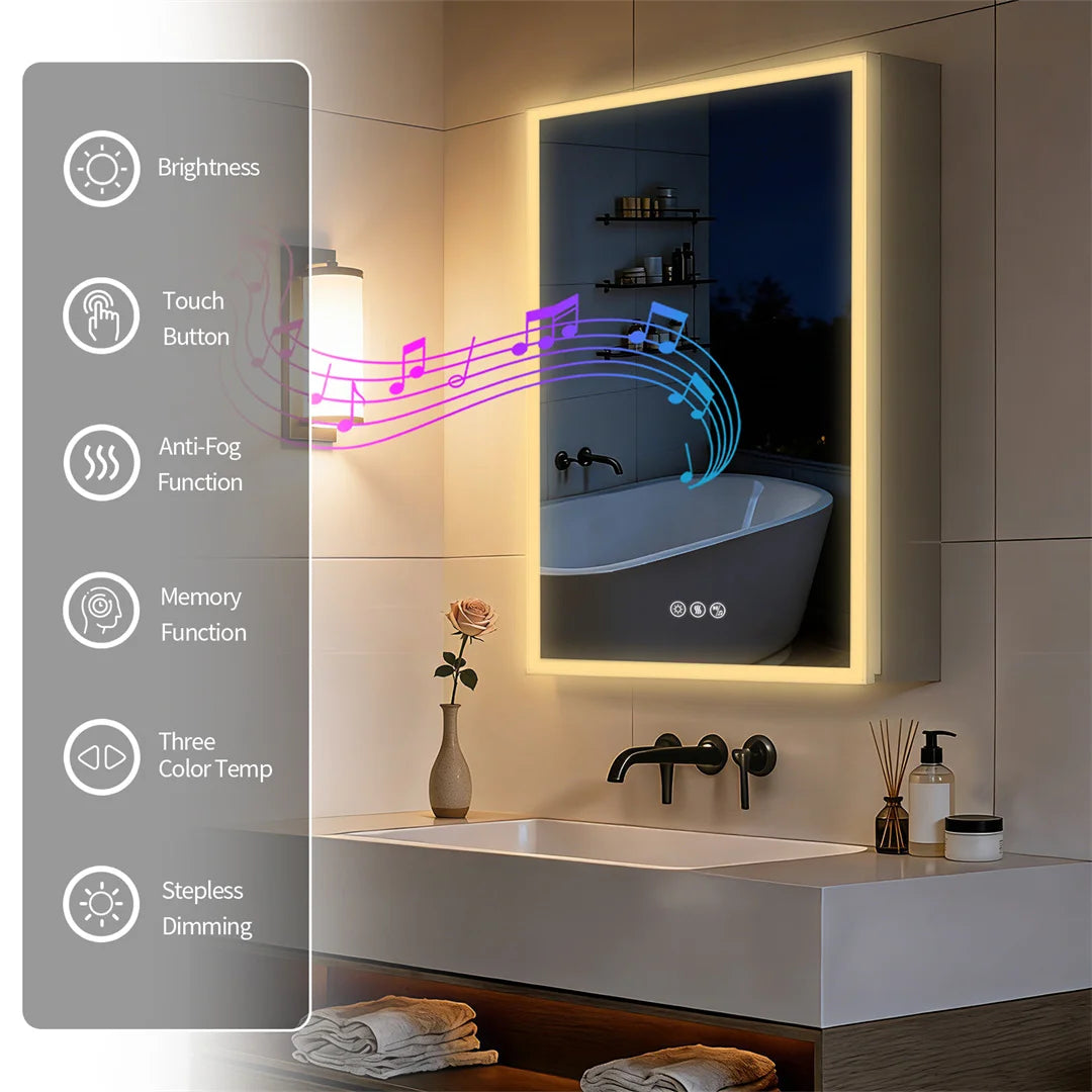 LUVODI 50x70cm Wall-Mounted LED Bathroom Cabinet with Bluetooth Speakers Defogger And Jewelry Storage Smart Mirror Cabinet