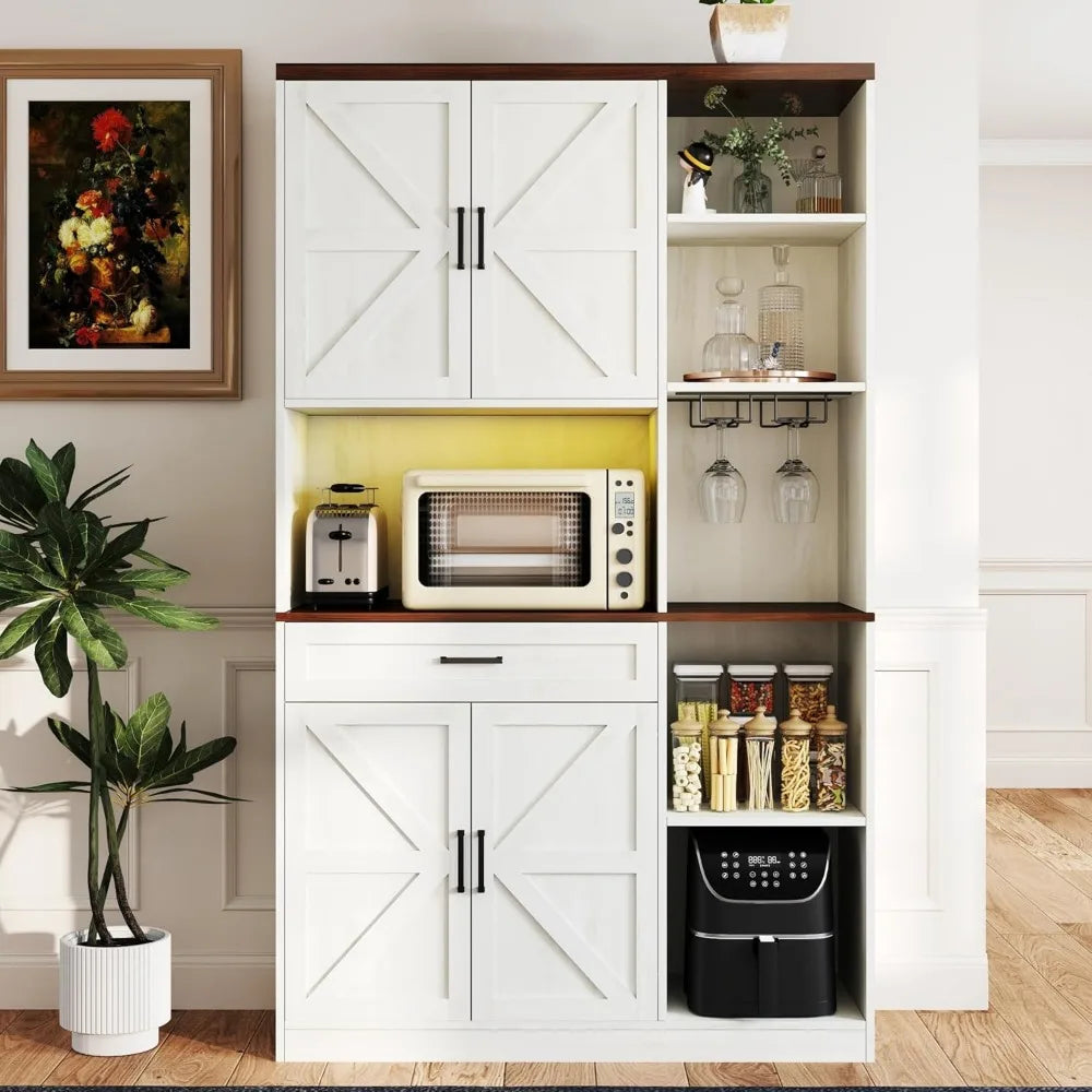 71 Farmhouse Kitchen Pantry Cabinet with Hutch & Charging Station - 41.34 Wide Storage with Microwave Stand, Door Spice Racks fo