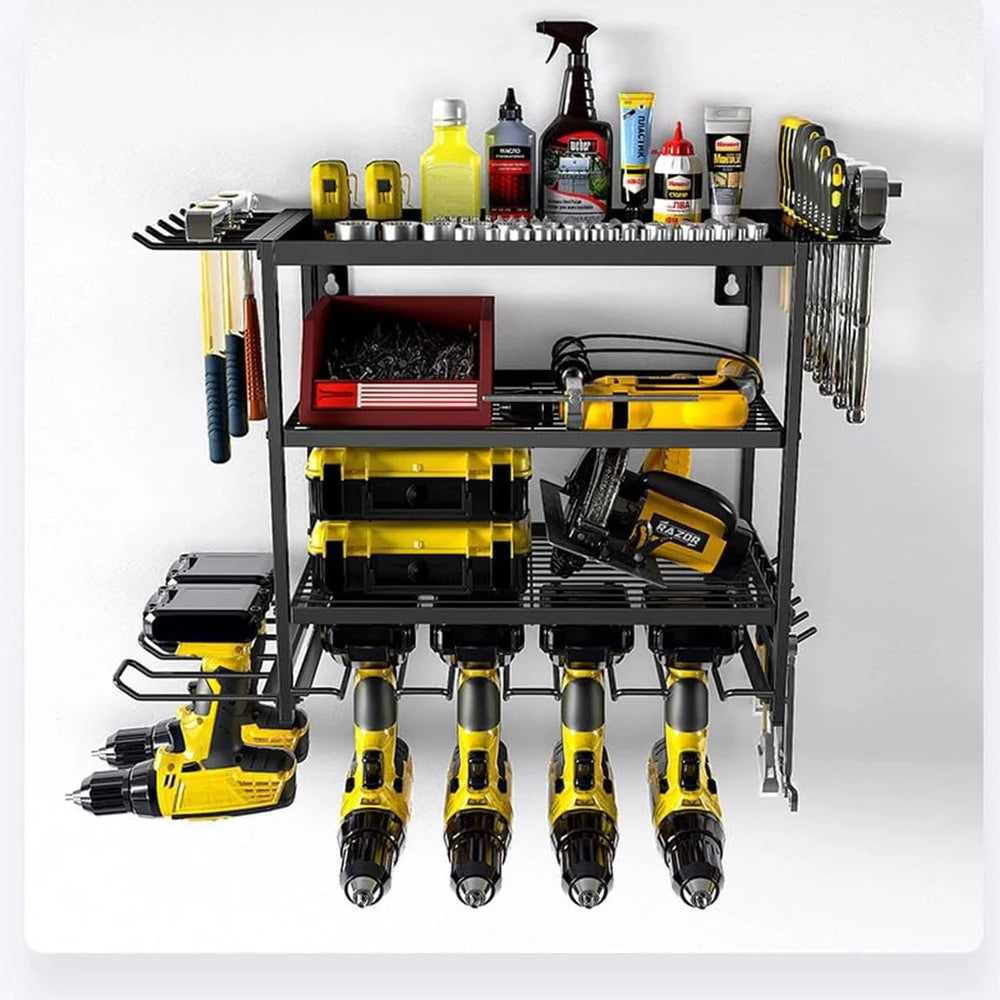 Power Tool Organizer 4 Layer Wall Mounted Storage Rack With Hooks Heavy-Duty Drill Holder Garage Tools Storage Rack for Workshop