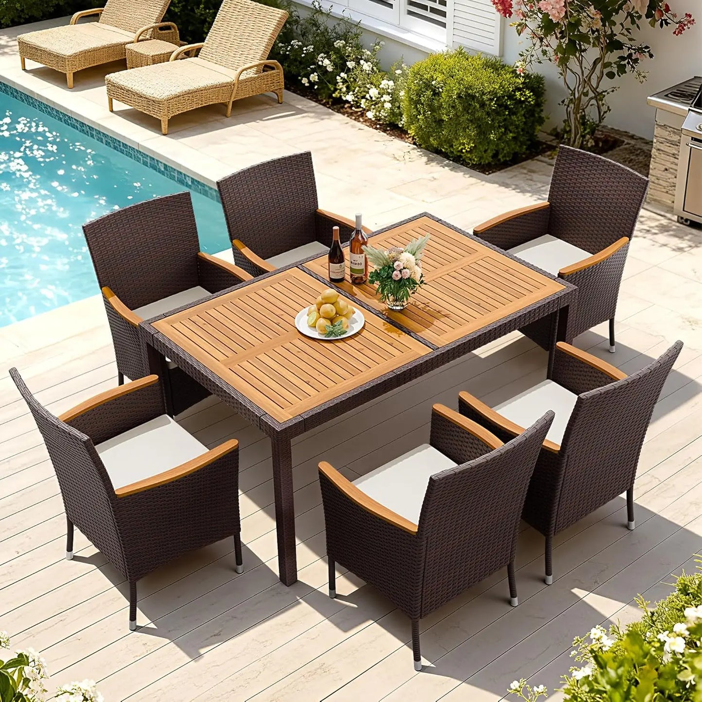 Dining 7 PCS Furniture, Patio Conversation Set with Acacia Wood Table Top, Outdoor, Beige Cushion and Black Rattan, Customized