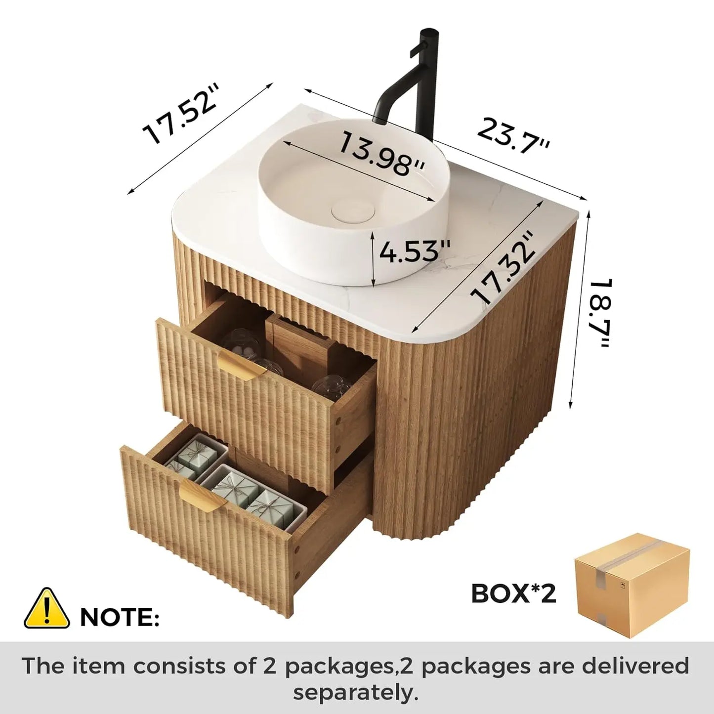 24" Floating Bathroom Vanity Ceramic Sink Combo Fluted 2 Storage Drawers Wall Mounted Natural Wood Grain, Customized