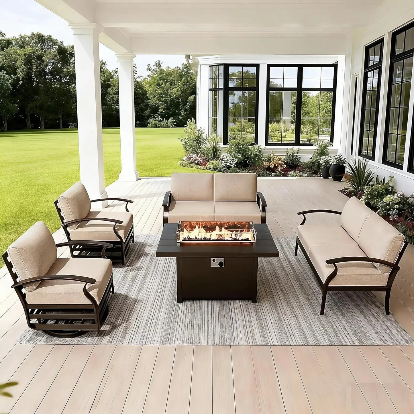 Aluminum Patio Furniture Set with Fire Pit Table, Metal Patio Furniture with 2 Swivel Rocking Chairs Waterproof, Customized