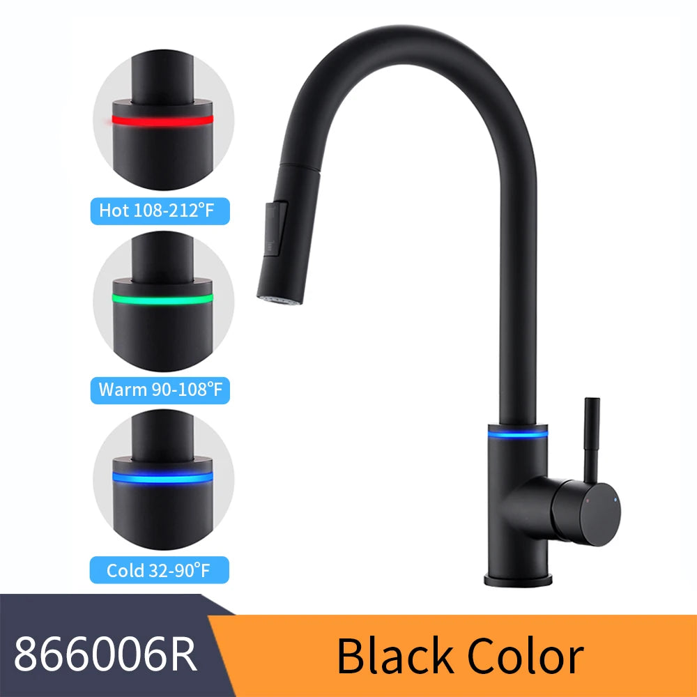 Brushed Nickel Kitchen Faucet Single Hole LED Style Pull Out Spout Kitchen Sink Stream Sprayer Head Black Mixer Tap LED 866006