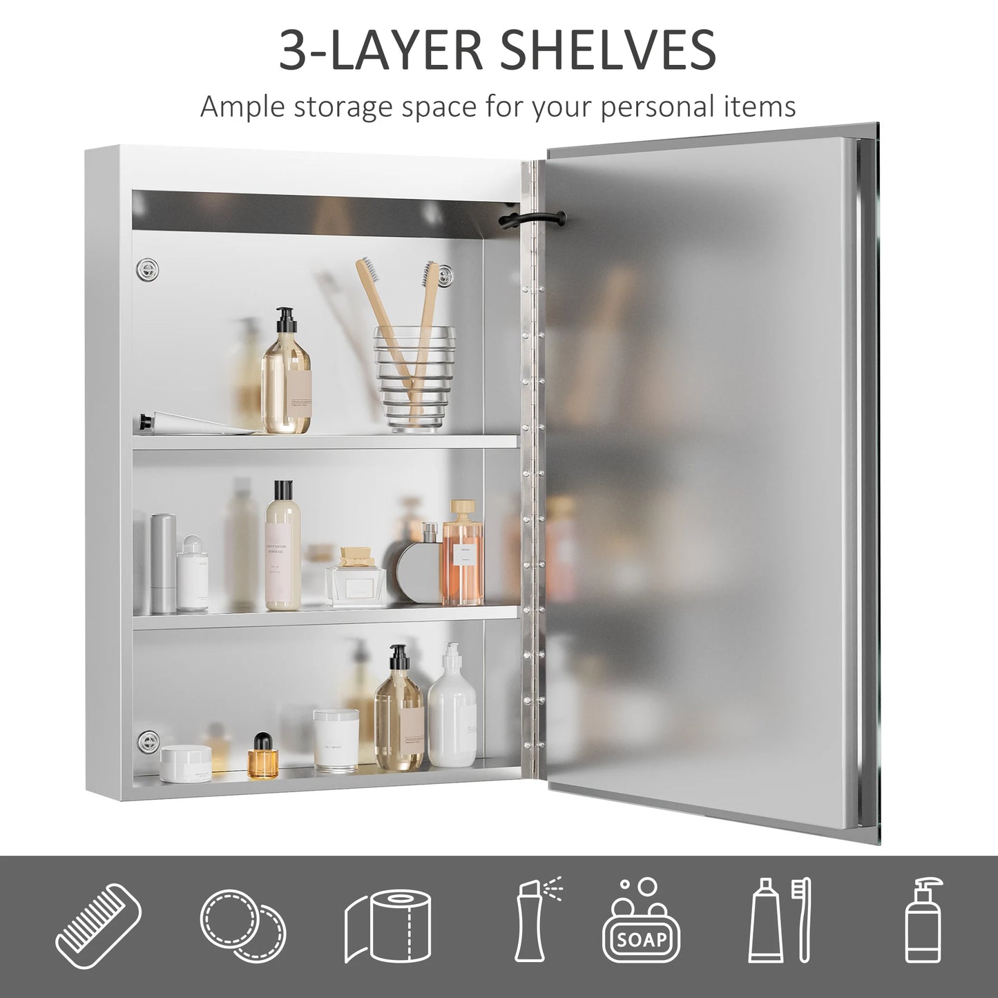 Kleankin Led Lighted Medicine Cabinet with Mirror, Wall Mounted Plug-In Bathroom Organizer with 3 Storage Shelves