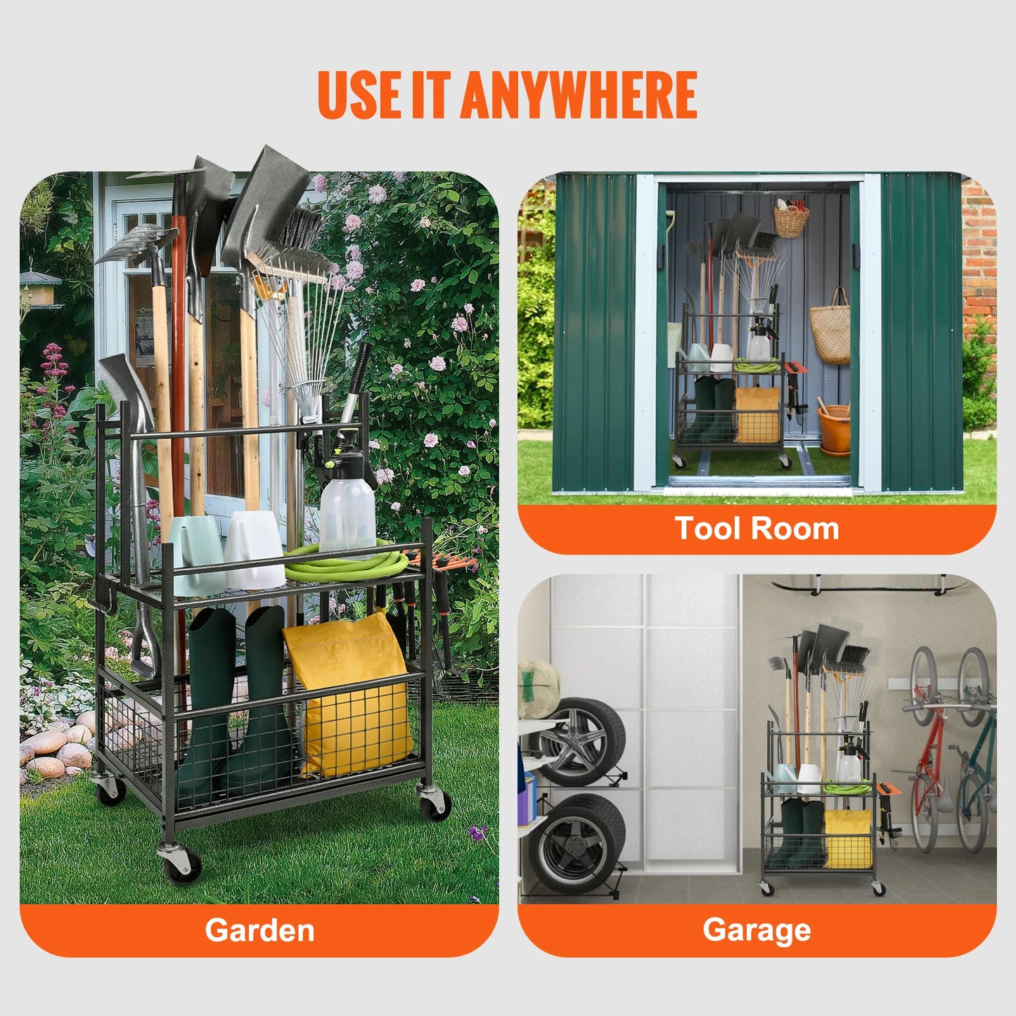 SucceBuy 16 Slots Garden Tool Organizer Yard Tool Tower Rack with Hooks Wheels Long-Handled Rake Stand Holder for Garage Storage