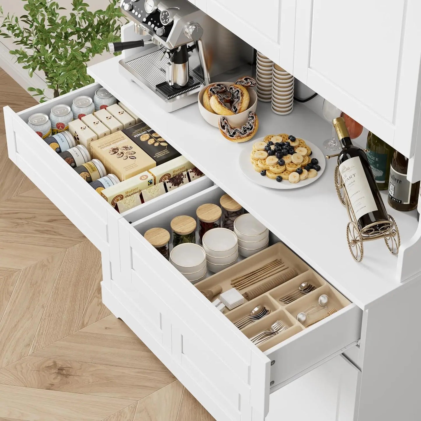 74" Pantry Cabinet, Tall Kitchen Pantry Cabinet with 6 Doors and 2 Drawers, Kitchen Hutch with Wide Countertop, Modern, Custom