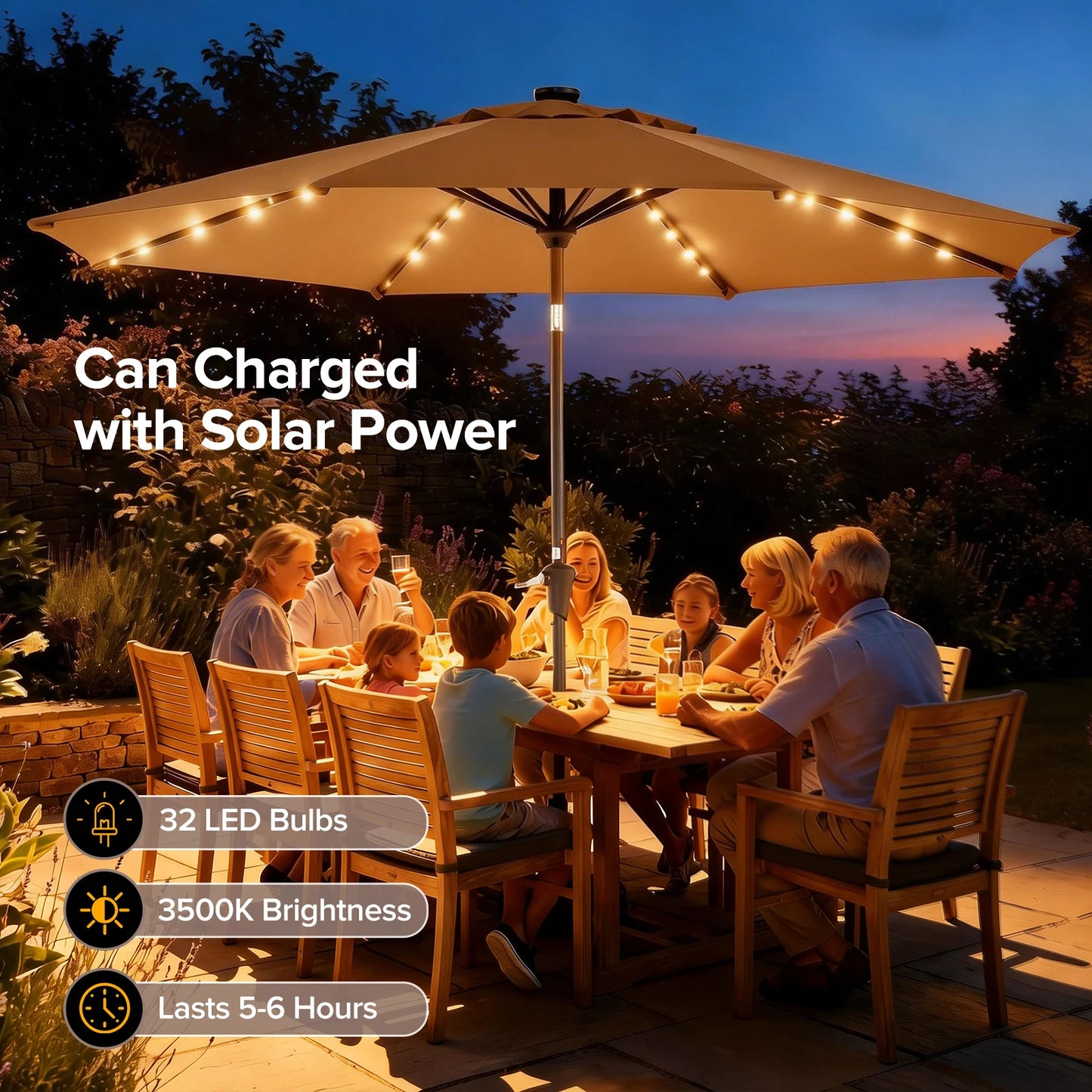 JHK 10FT with 32 LED Lights Solar Patio Umbrella UV-Resistant Outdoor Table Umbrella with Tilt and Crank for Outdoor Backyard Garden