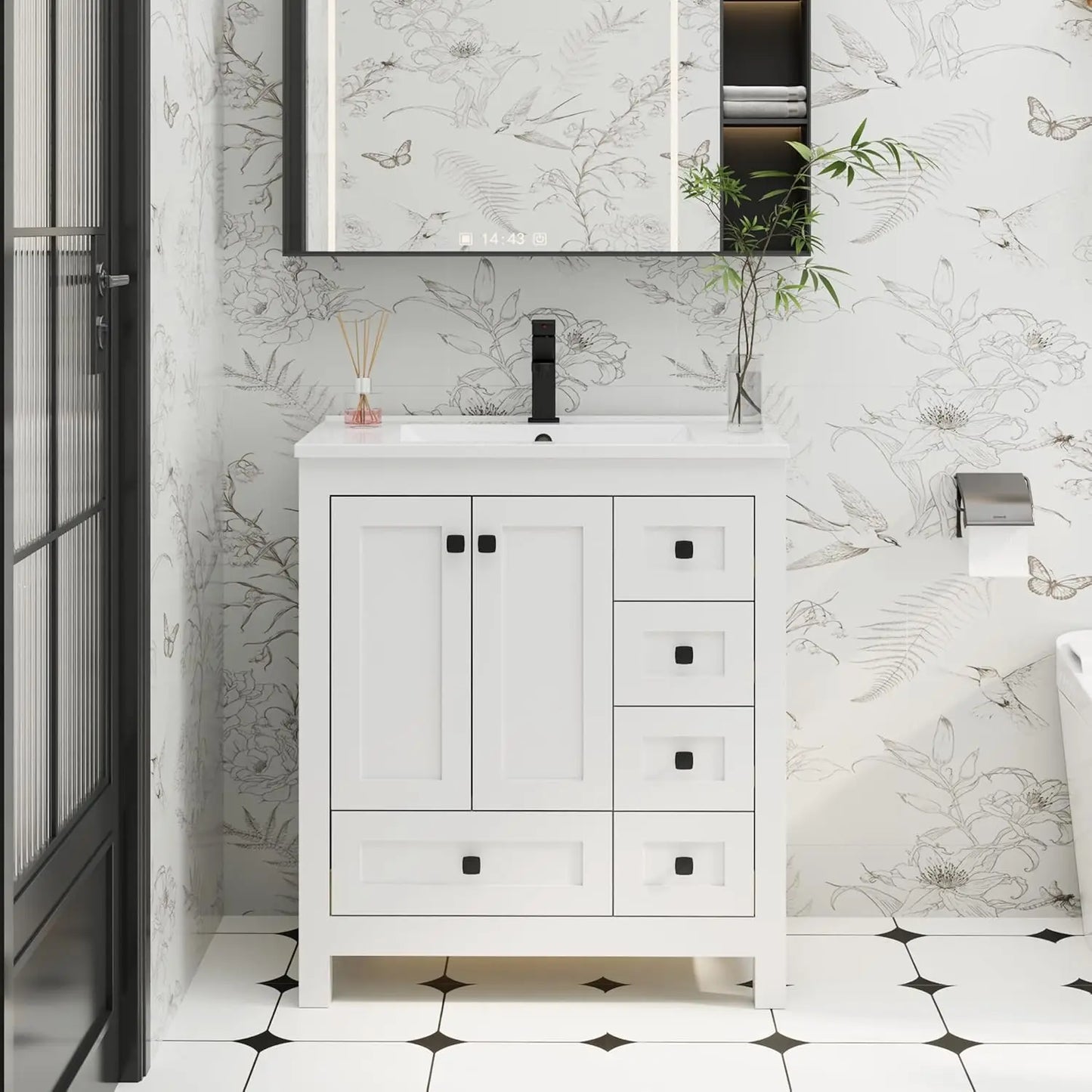 30" Bathroom Vanities with Sink Combo, Modern Thickened Wood Bathroom Storage Cabinet W/Undermount Sink,Matte Black Faucet Drain