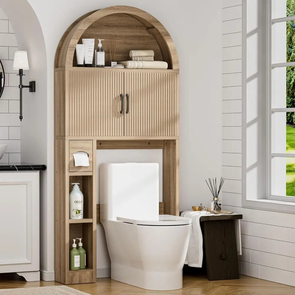 Space-Saving Wooden Over-the-Toilet Storage Cabinet with Shelving and Anti-Tip Feature