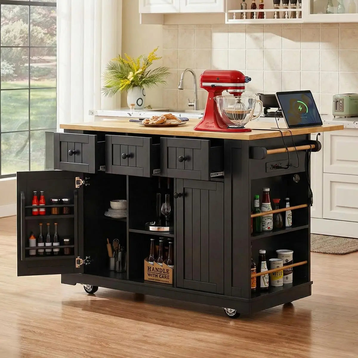 Mobile Rolling Kitchen Island Drop Leaf Storage Cabinets Power Outlet Seating 2 Bar Stools Large Table, Customized