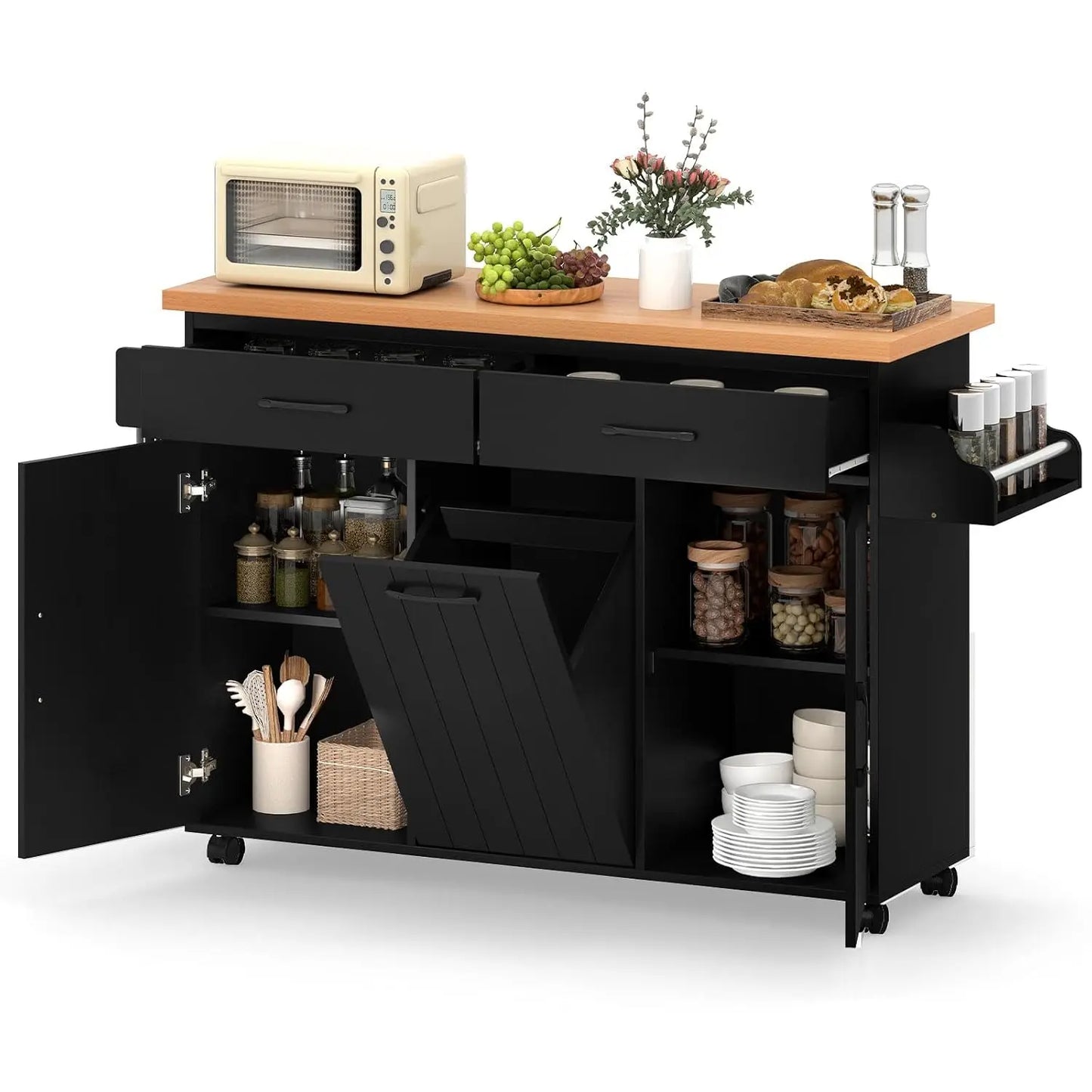 Kitchen Island with Trash Can Storage, Rolling Island Table with 2 Drawers & Cabinets Adjustable Shelves, Towel, Customized