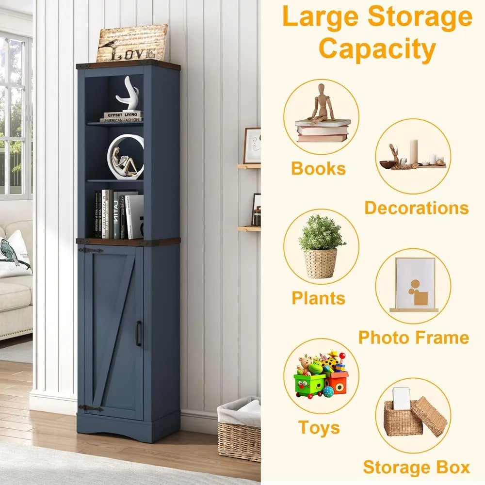 68 Tall Farmhouse Bathroom Storage Cabinet, 5-Shelf Storage Cabinet with Barn Door&Adjustable Shelves, Navy Blue