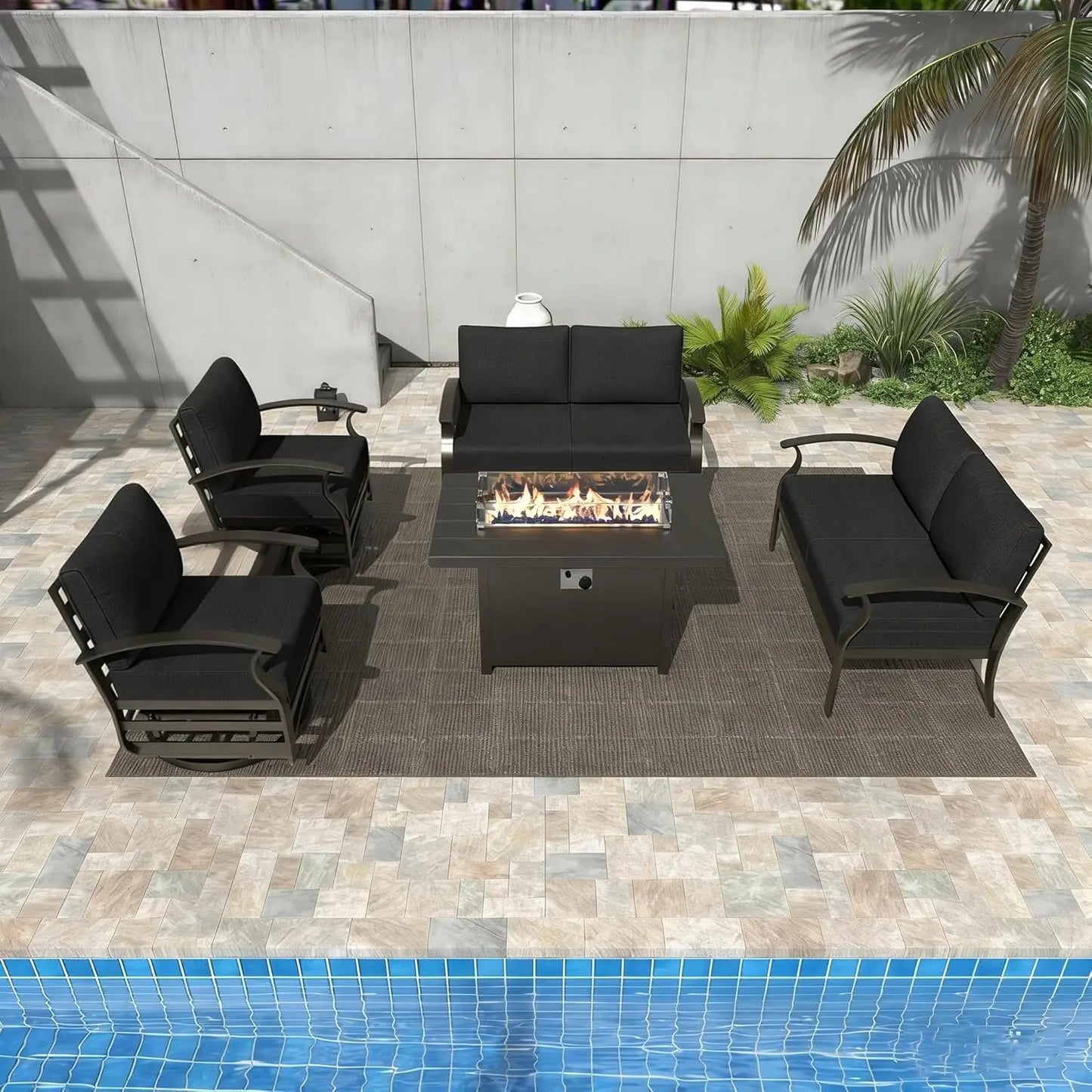 Aluminum Patio Furniture Set with Fire Pit Table, Metal Patio Furniture with 2 Swivel Rocking Chairs Waterproof, Customized