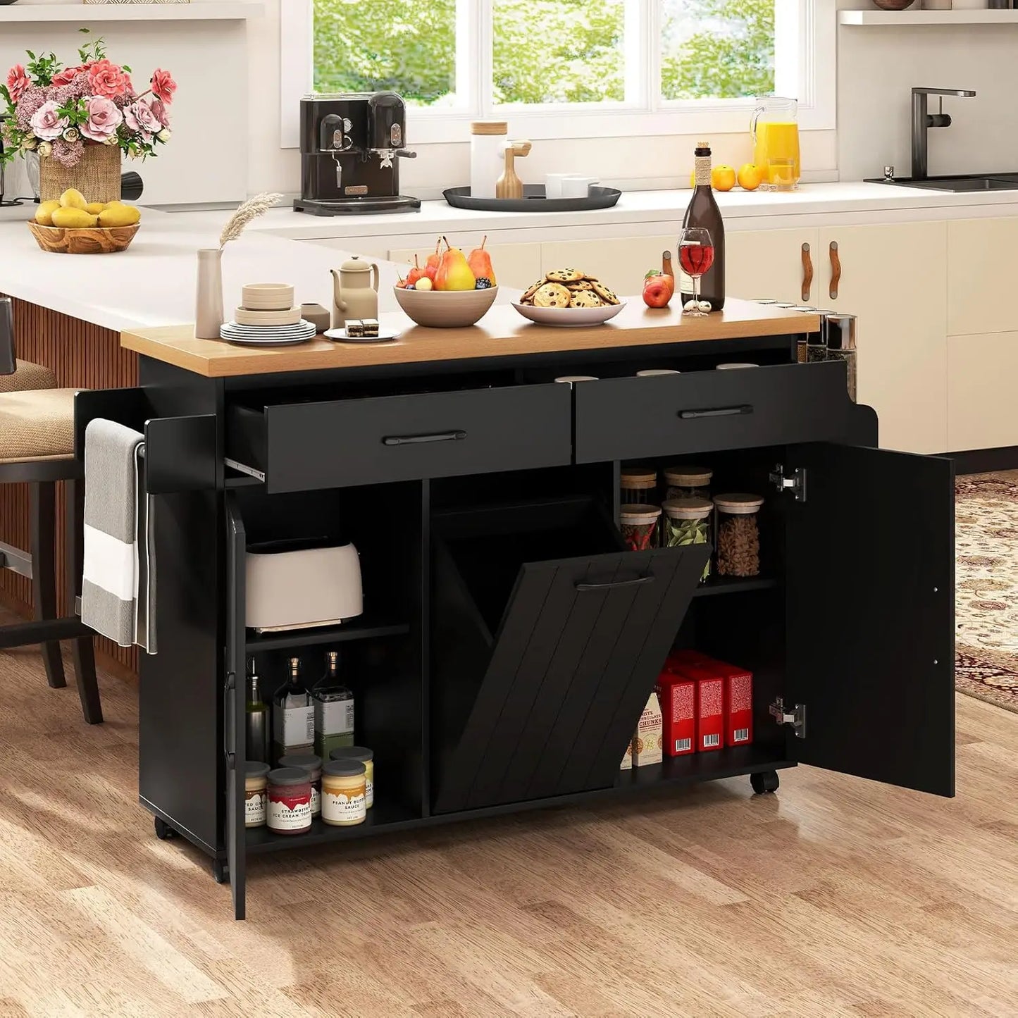 Kitchen Island with Trash Can Storage, Rolling Island Table with 2 Drawers & Cabinets Adjustable Shelves, Towel, Customized
