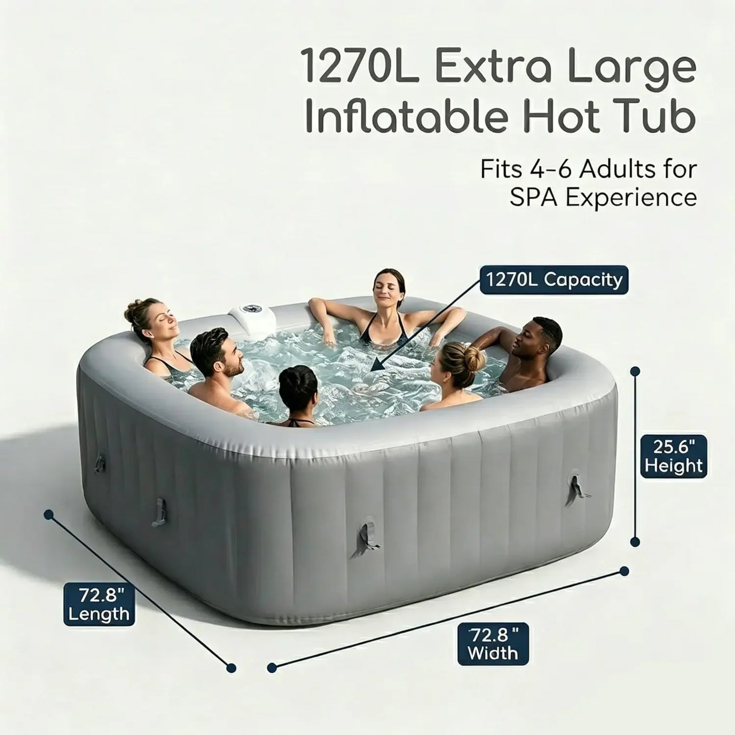 Inflatable Hot Tub 4 6 Person Square Portable Spa 130 Bubble Jets Built in Heater Pump 72 8 x 72 8 x 25 6 Durable 3 Layer PVC